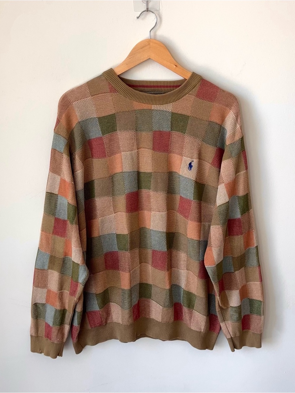 Vintage Polo Ralph Lauren Patchwork Check Sweater Men’s XL Cotton Multicolor